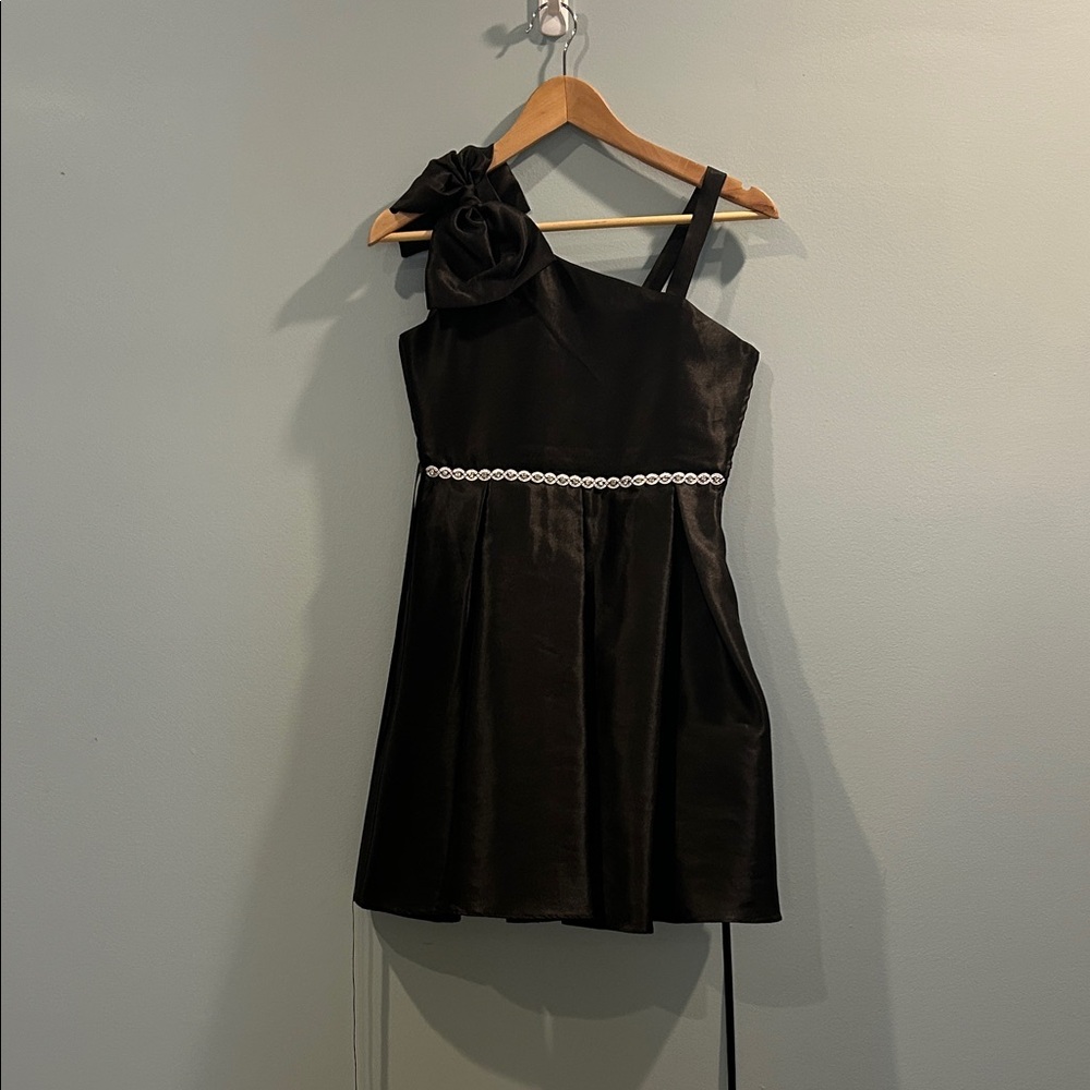 Rare Editions Black Satin Dress with Floral Bow
